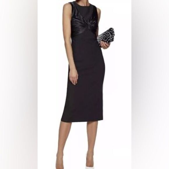 CINQ A SEPT Adelise Black Crossover Sleeveless Sheath Midi Cocktail Dress size 4